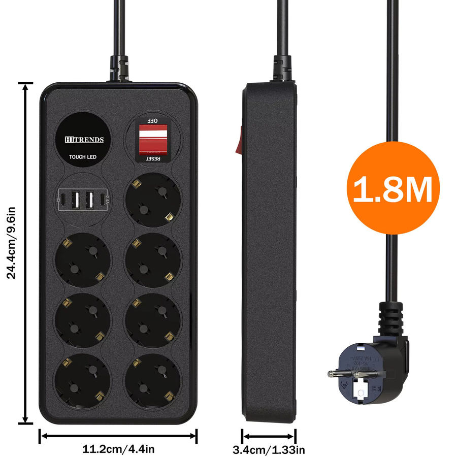 HITRENDS 11-in-1 Multifunktionssteckdosenleiste mit 7 AC-Steckplätzen und 4 USB-Schnellladeanschlüssen, Schwarz, 1,8 m Kabel mit Touch-LED und Sicherheitsschutz - Bild 3
