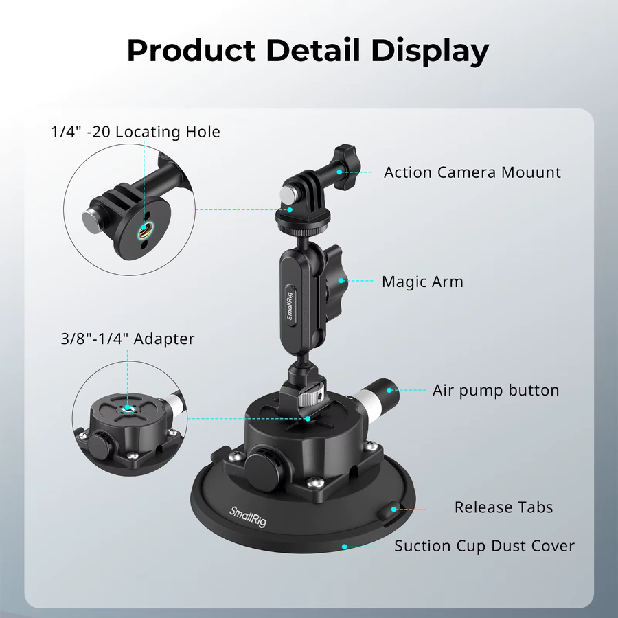 SmallRig Saugnapfhalterung für Action-Kameras mit Kugelkopf, Magischem Arm und Telefonhalterung in Schwarz, kompatibel mit DJI Osmo Action 5 Pro - Bild 5