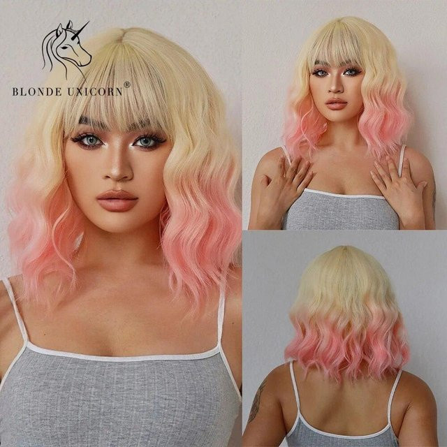 Blonde Unicorn Perücke, Ombre Lila Rosa, kurzer Bob mit Pony, synthetisch - Bild 1