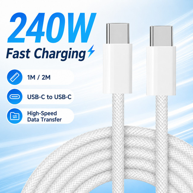 USB-C zu USB-C Kabel 240W PD 3.1 Schnellladekabel mit Hochgeschwindigkeits-Datenübertragung aus Nylon, Farbe: Weiß - Bild 1