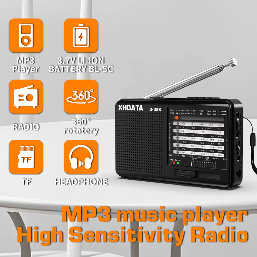 XHDATA D-368/D-328 Tragbares Stereo-Radio mit Bluetooth, FM, AM, SW, MP3-Player, USB und TF-Karte, Schwarz - Bild 6