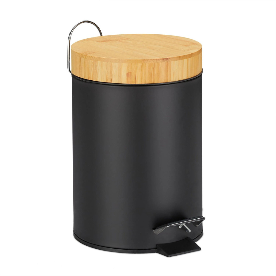 Relaxdays Mülleimer aus Stahl und Bambus mit Trittpedal und Absenkautomatik, Schwarz, B: 24,5 cm, T: 17 cm, H: 23 cm - Bild 2