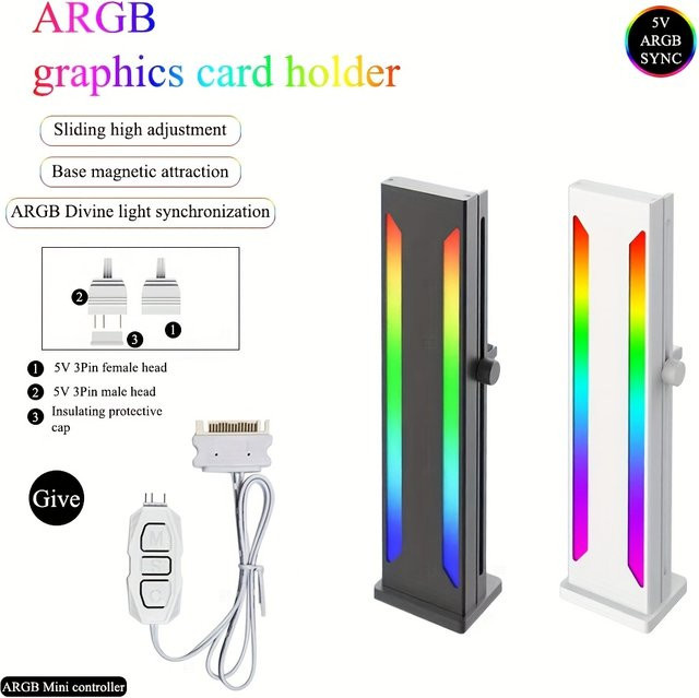 AuyiHomu Verstellbarer ARGB-Grafikkartenhalter mit Magnetischer GPU-Stützhalterung und ARGB-Mini-Controller in Schwarz - Bild 1