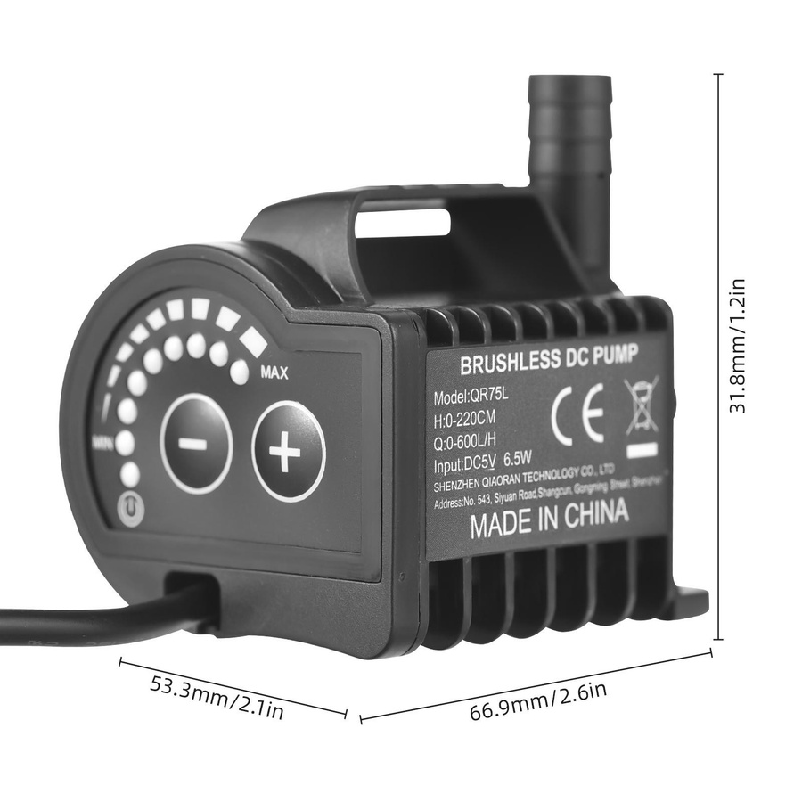 Tauchfähige 5-V-Wasserpumpe QR75L in Schwarz mit 8 einstellbaren Stufen und 0–600 l/h Förderleistung - Bild 3