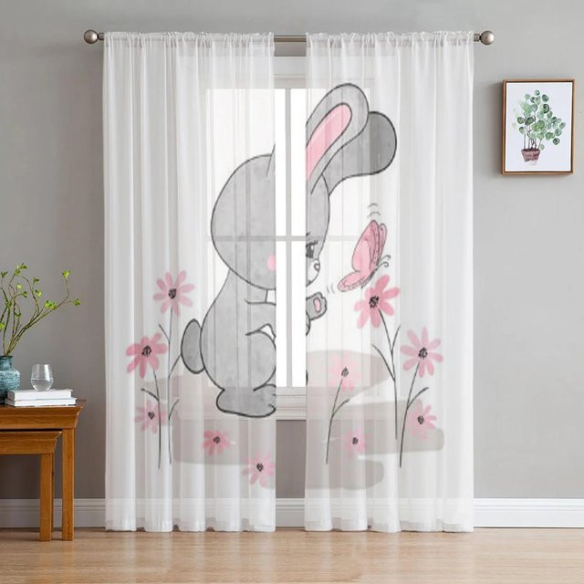 Transparente Tüllvorhänge mit Häschen- und Schmetterlings-Motiv von A Family Of Home Textiles in Weiß, Breite: 135 cm, Höhe: 160 cm - Bild 1