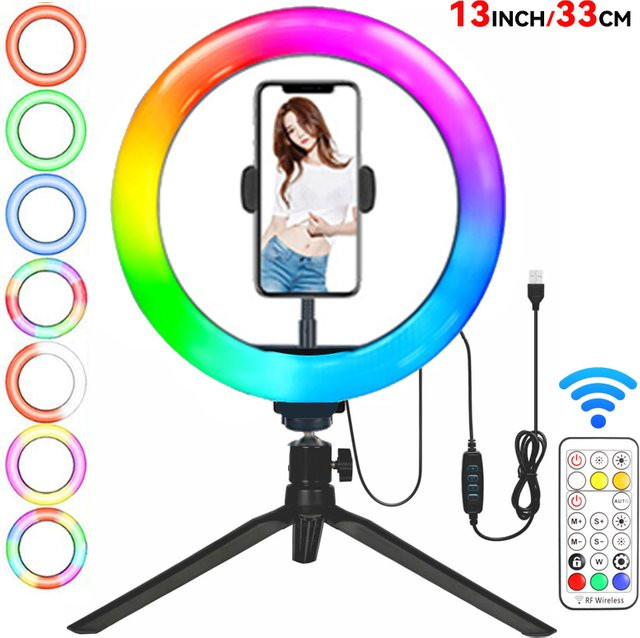 SZKOSTON 13 Zoll RGB Selfie Ringlicht mit Stativ und Telefonhalter, dimmbares LED-Ringlicht in Weiß und Multicolour für Live-Streaming, Make-up und Fotografie - Bild 1