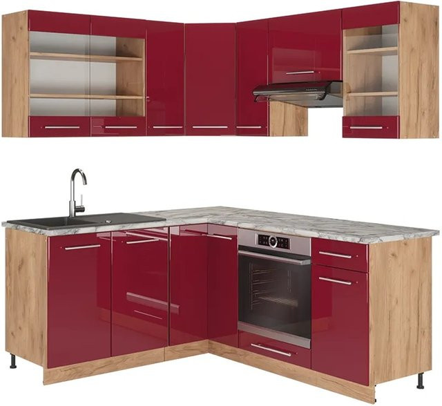 Vicco Fame-Line Küchenschrank Set in Bordeaux Hochglanz und Goldkraft Eiche mit Marmor-Optik, B/H: 160 x 190 cm - Bild 1
