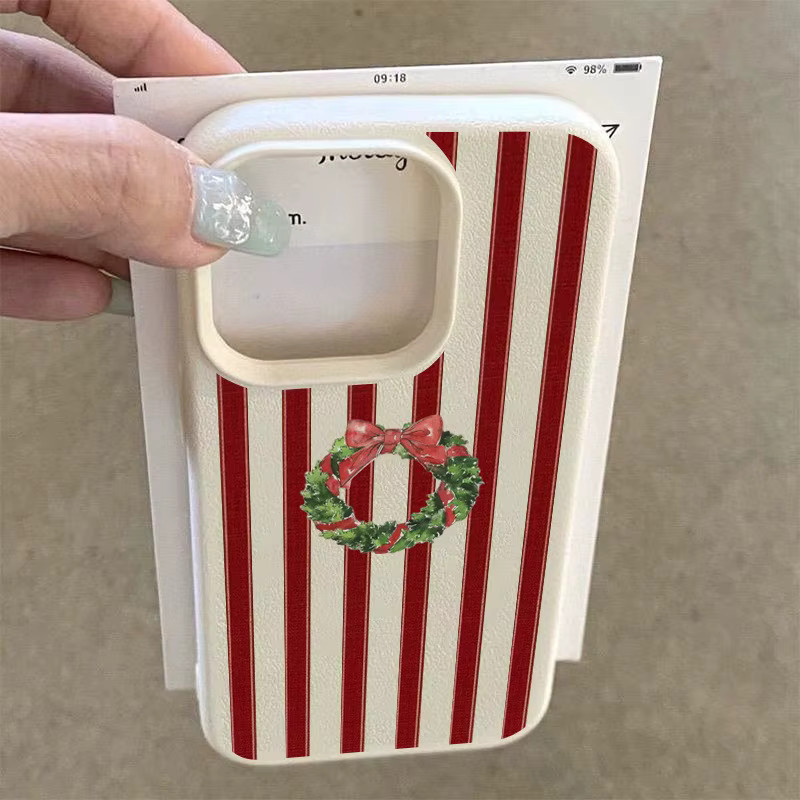 Rote Handyhülle mit Weihnachtskranz-Muster und Litschi-Textur für Apple iPhone Modelle, weiche Abdeckung - Bild 4