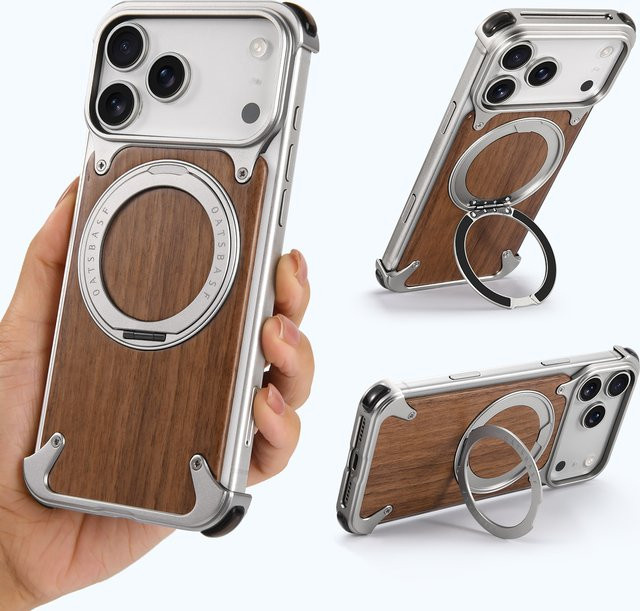Oatsbasf Massivholz-Handyhülle für iPhone 17 16 Pro/Pro Max mit 360 Grad rotierendem Ringständer und magnetischem Schutz in Schwarz oder Braun - Bild 1