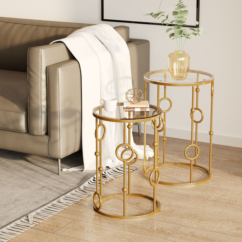 HOMCOM 2er-Set Couchtisch mit Glasplatte in Gold, Beistelltisch mit Reifen- und Kugeldesign für Wohnzimmer, Schlafzimmer oder Flur, Durchmesser: 41 cm, Höhe: 57 cm - Bild 2