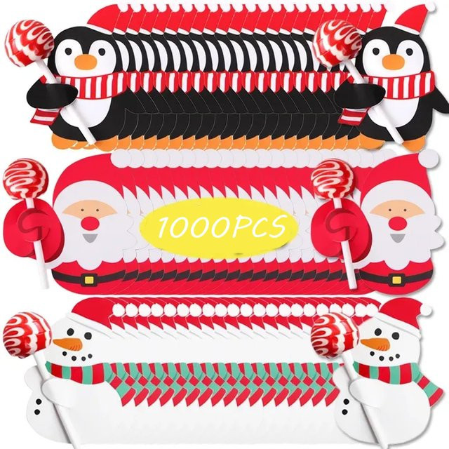 1000 Stück Weihnachts Lutscher Halter aus Papier mit Santa Claus und Schneemann Motiven in Mehrfarbig für Kinder Süßigkeiten und Party Dekoration - Bild 1