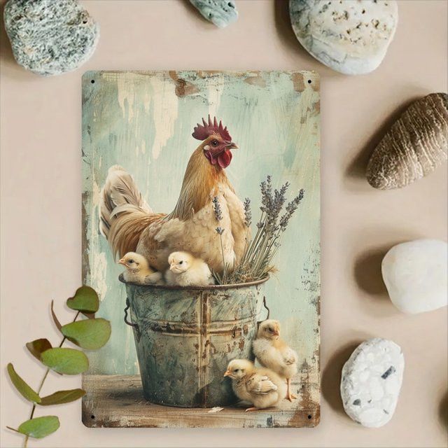 HELLOYOUNG Metallblechschild im Bauernhaus-Stil mit Huhn und Küken, Vintage Eisenkunst für Wanddekoration, B/H: 30,0 x 20,0 cm - Bild 1