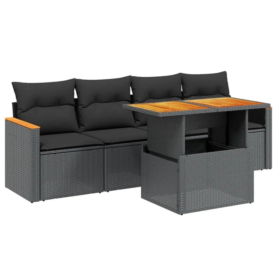 vidaXL 5-teilige Garten-Sofagarnitur mit Kissen aus Poly-Rattan und Akazienholz in Schwarz - Bild 2