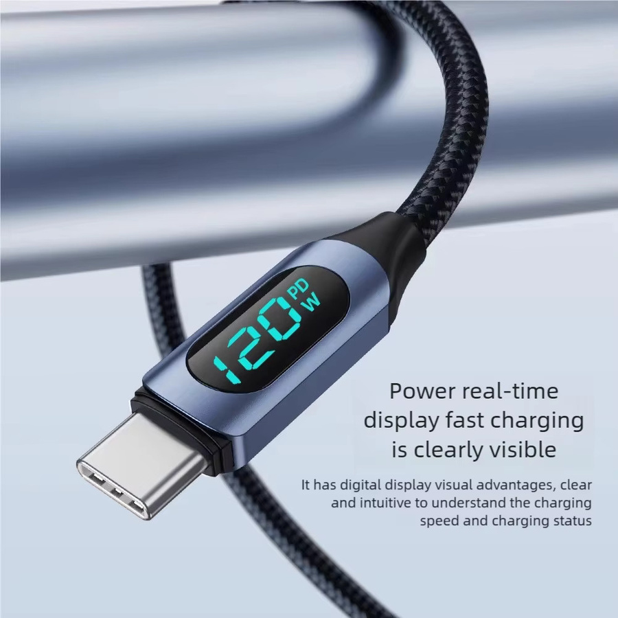 USB-A auf USB-C Datenkabel mit digitaler Anzeige, 120W Schnellladekabel 6A für iPhone, Samsung, Xiaomi und Huawei, Schwarz oder Blau - Bild 4