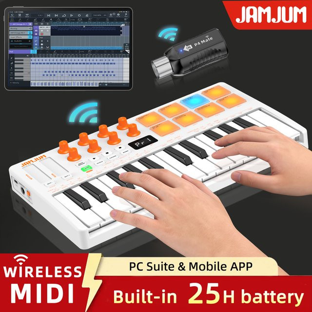 JANJUM MIDI-Pad-Controller-Keyboard in Weiß mit 25 Tasten, 16 RGB-Drum-Pads und 8 Drehreglern für deine Musikproduktion inklusive Software - Bild 1