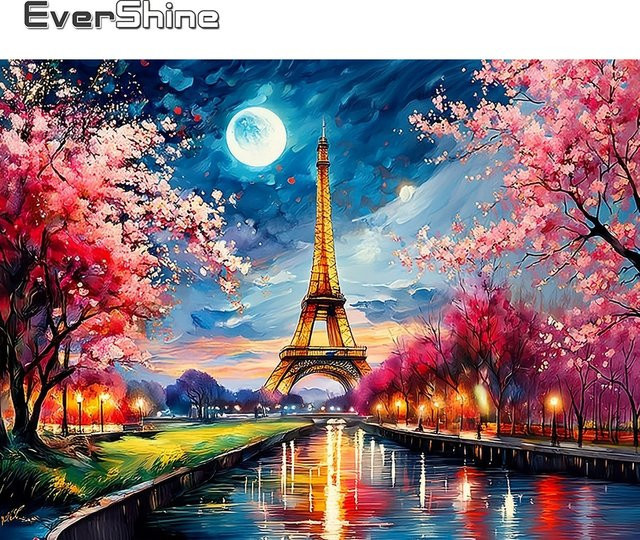 EverShine Diamant-Malerei Landschaft mit Kirschblüten und Turm als 5D Mosaik-Strass-Stickerei in Multicolour - Bild 1