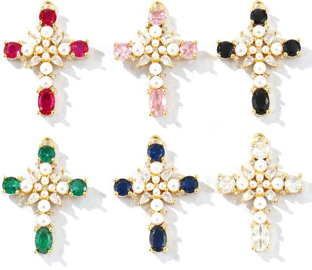 DoreenBeads Anhänger, Strass-Kreuz, Messing, Gold, Acryl, Perle, 27 mm x 19 mm - Bild 1