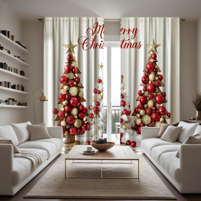 2-teiliger Weihnachts-Vorhang mit Krawatten- und Weihnachtskugel-Motiv in Weiß, B: 132 cm, H: 160 cm - Bild 1