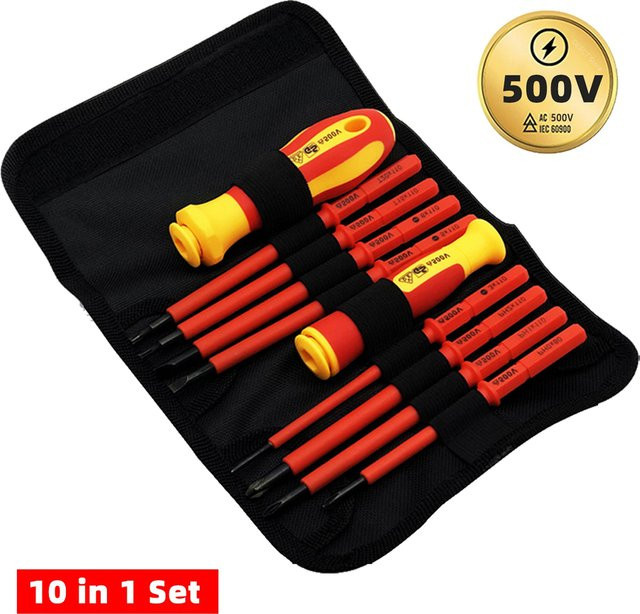 10-teiliges VDE-isoliertes Schraubendreher-Set mit austauschbaren Klingen und magnetischem Koffer, Rot, 500 V - Bild 1