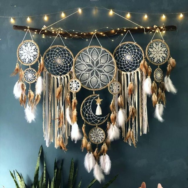 5er Set Boho Traumfänger Wanddekoration in Kaffeebraun für Schlafzimmer und Teenager-Zimmer - Bild 1