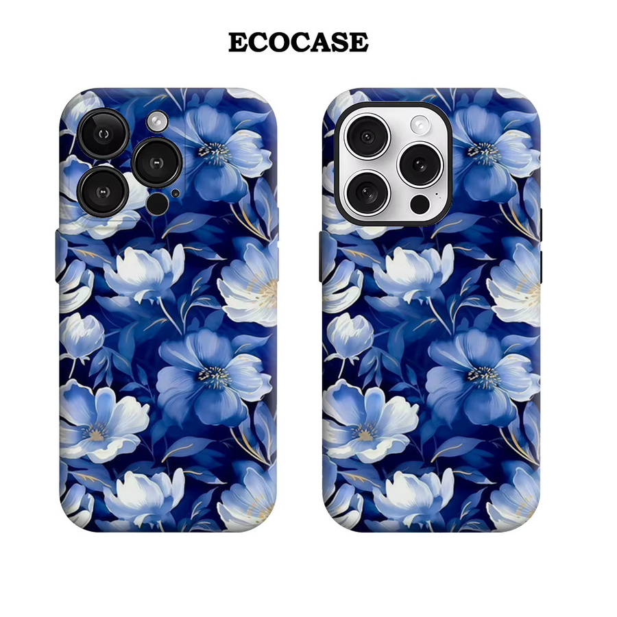 Marineblaue iPhone Hülle mit floralem Design für iPhone 17 16 15 14 13 12 Pro Max Plus mit doppelschichtiger Rückseite - Bild 2