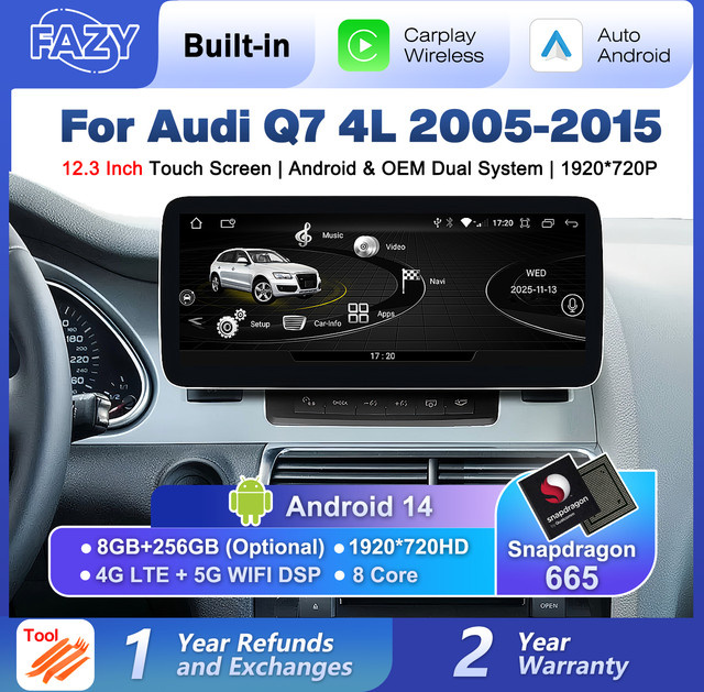 FAZY Android 14 Wireless Carplay Autobildschirm für Audi Q7 4L 2005-2015 mit 12,3 Zoll Display, GPS-Navigation und Multimedia-Stereo-Player in Schwarz - Bild 1