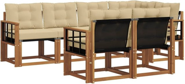 vidaXL Outdoor-Sofagarnitur 7-teilig aus Akazienholz und Textilene in Natur und Beige mit Kissen und L-Form - Bild 1