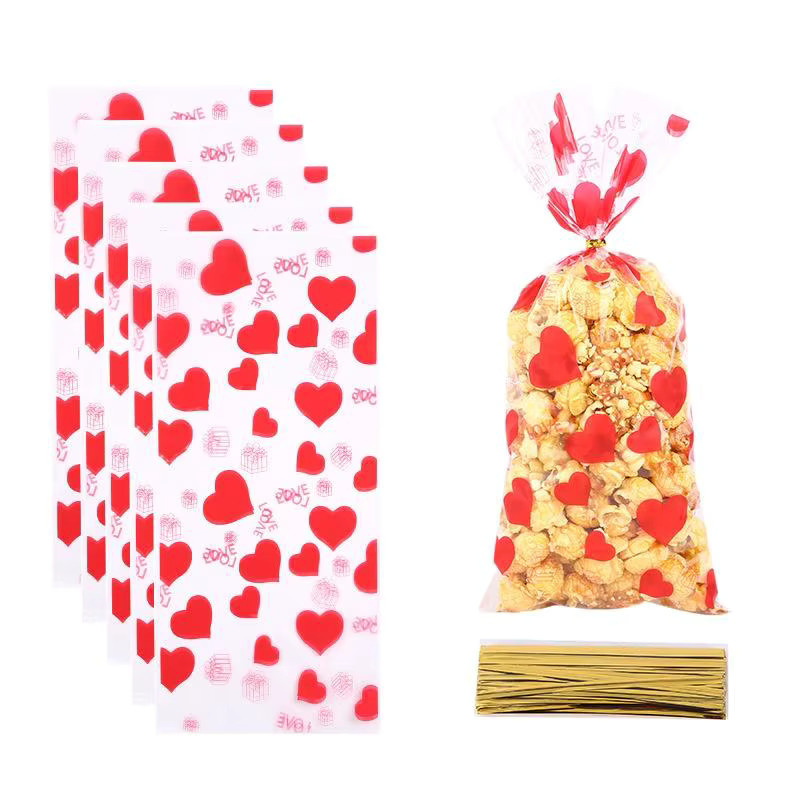 SAFENH Transparente OPP-Geschenktüten mit rotem Herz-LOVE-Aufdruck und goldenen Bändern für den Valentinstag - Bild 4