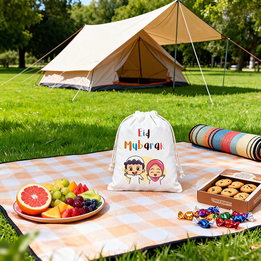 3 Stück Eid Mubarak Geschenktüten aus Baumwolle für Kinder in Weiß, B: 20 cm, H: 30 cm - Bild 3