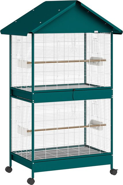 PawHut Große rollbare Vogelvoliere für Innen und Außen in Grün mit abnehmbarem Trenner, 6 Futterschalen und 4 Sitzstangen, H x B x T: 158 x 94 x 70 cm - Bild 1