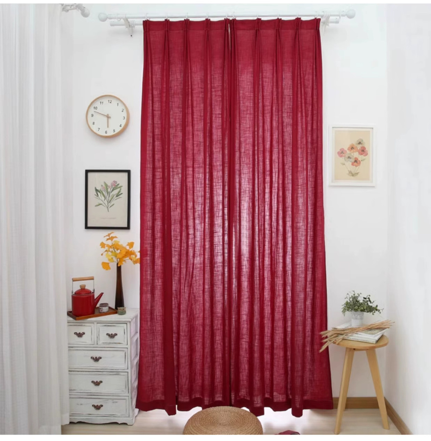 ZJBYZHOUSEHOLD Retro-Vorhang aus Baumwolle und Leinen in Rot, halbtransparent, Höhe: 210 cm, Breite: 100 cm - Bild 2