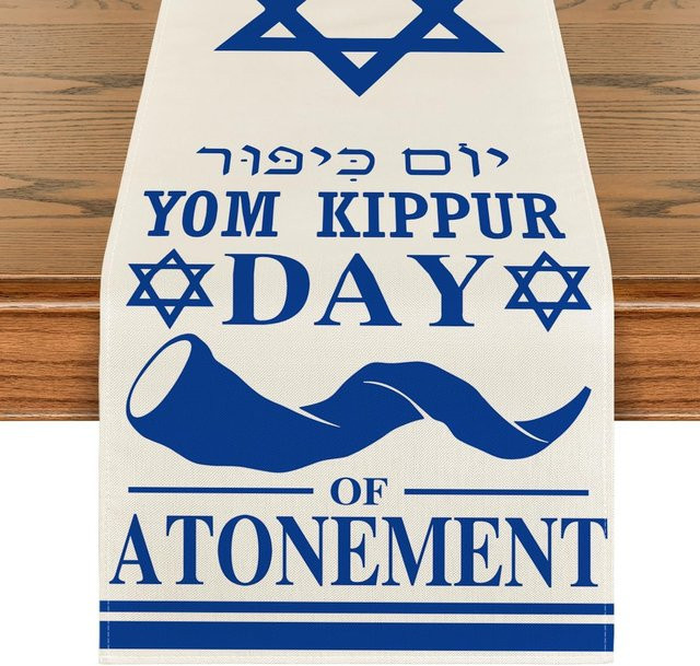 JMG Household Supplies Tischläufer Shofar der Sühne Jom Kippur aus Leinen in Blau, B/T: 150 x 33 cm - Bild 1