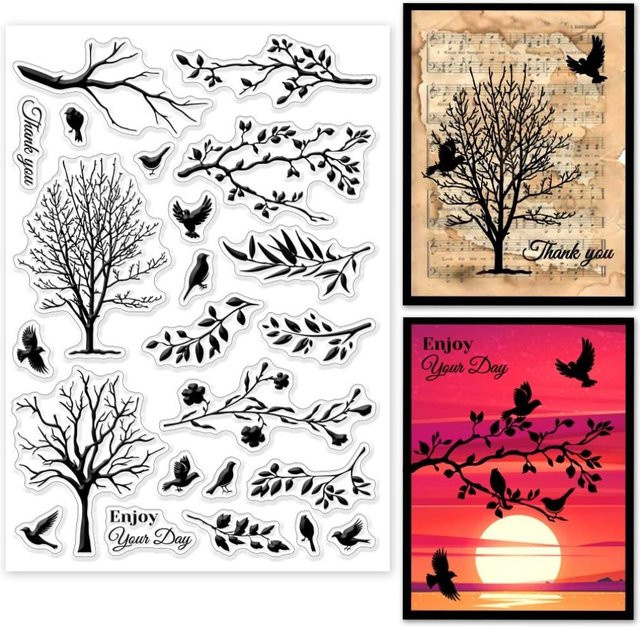 Transparenter Silikonstempel mit Baum und Vogel Silhouette für Scrapbooking und DIY-Projekte - Bild 1