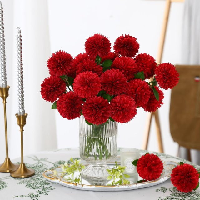 HUAFENFEN Seiden-Chrysanthemen Kunstblumen für Hochzeiten und Tischdekoration in Rot oder Lila, 5 Stück - Bild 1