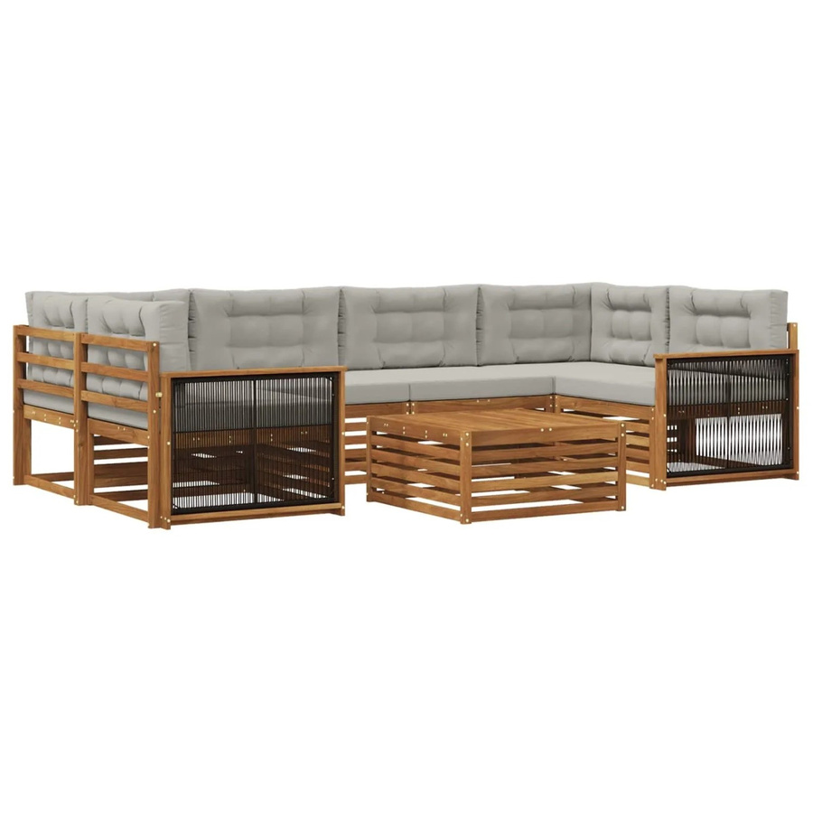 vidaXL Outdoor-Sofagarnitur in L-Form aus massivem Akazienholz mit 7 Kissen in Natur und Grau - Bild 2