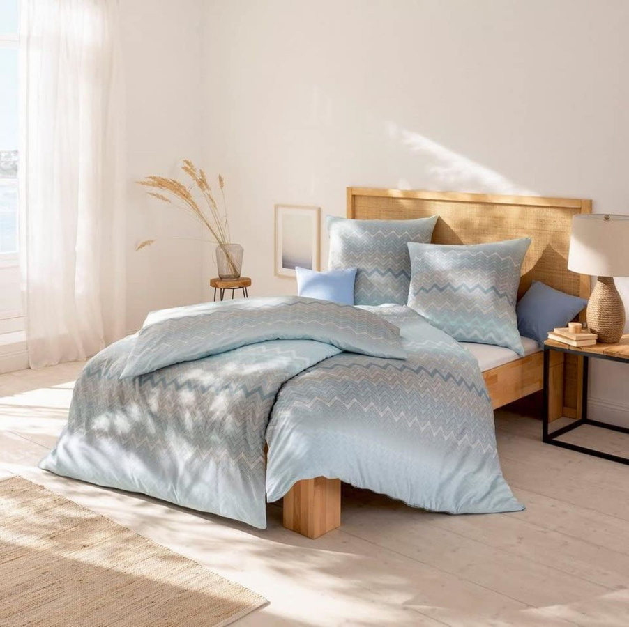 Estella Mako-Batist Bettwäsche Nikita Aquamarin Zickzack mit Bettbezug und Kissenbezug, B/H: 135 x 200 cm, Kissen: 80 x 80 cm - Bild 1
