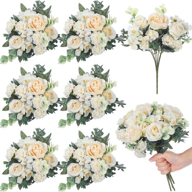 Künstliches Blumenbouquet aus Seide mit Rosen, Pfingstrosen, Hortensien und Nelken in Gold für deine Tischdekoration bei Hochzeiten oder Partys - Bild 1