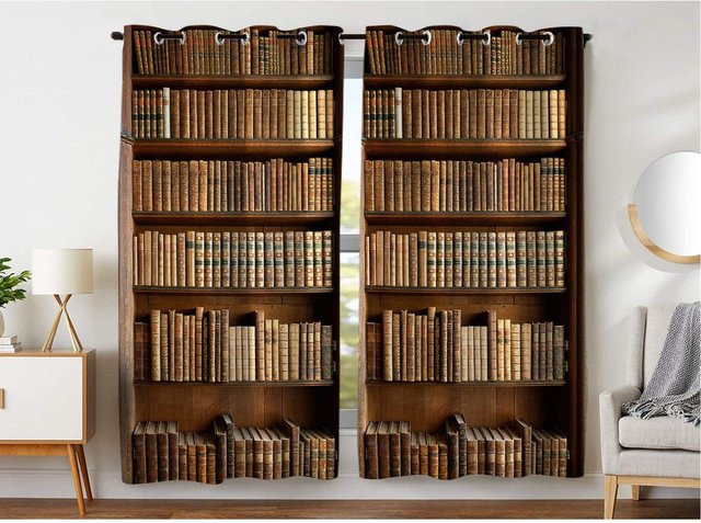 Vintage Bücherregal Vorhänge von Your Warm Home in Braun mit 3D Digitaldruck, semi-transparent, B: 65 cm, H: 165 cm, 2er-Set - Bild 1