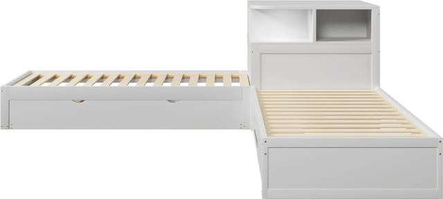 Merax Plattformbett in L-Form mit Ausziehbett und Seitenfächern, Farbe Weiß, B/T/H: 291,5 x 94 x 66 cm - Bild 1