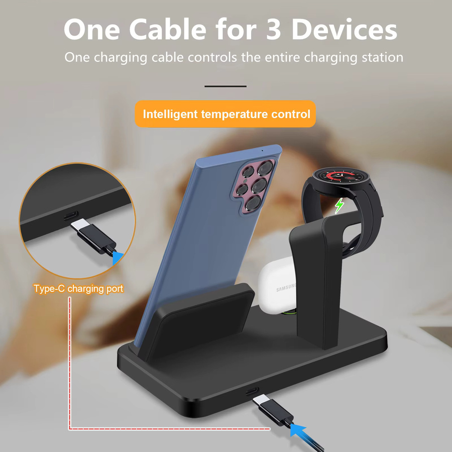 Samsung 3-in-1 Schnelles Kabelloses Ladegerät in Schwarz für Galaxy S24 S23 S22 Note 20 Z Flip Z Fold, Galaxy Watch und Buds - Bild 5
