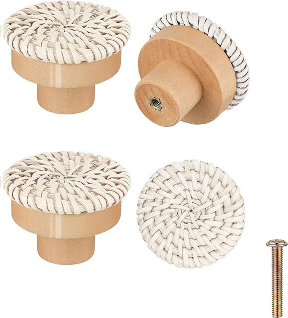 TFAAI Rattan-Holzgriffe rund handgefertigt in Beige und Gelb für Schränke, Schubladen und Kommoden - Bild 1