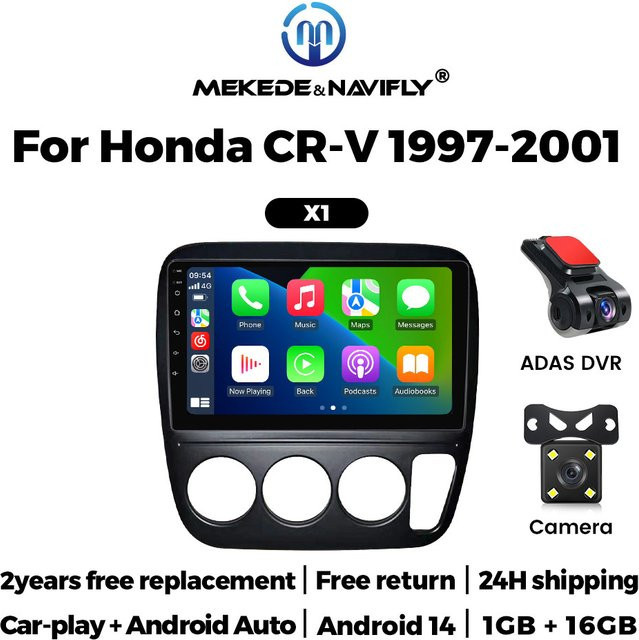 NaviTree Android 14 Autoradio mit DVR Recorder und Rückfahrkamera für Honda CR-V 1997-2001, Wireless CarPlay und Navigation, Schwarz - Bild 1