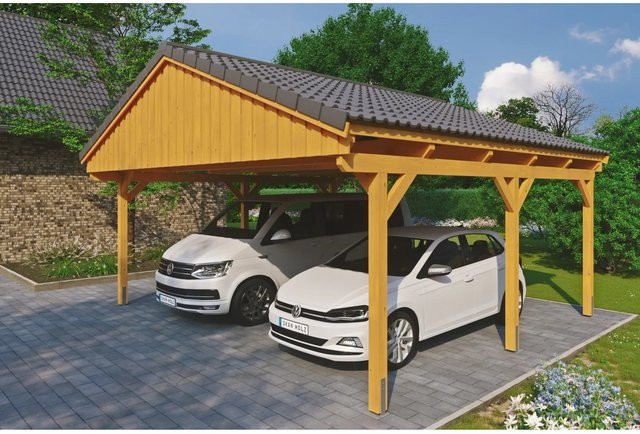Skan Holz Carport Fichtelberg aus Fichte und Leimholz in Beige mit schiefergrauen Dachziegeln, B/T: 618 x 566 cm, Höhe: 362 cm - Bild 1
