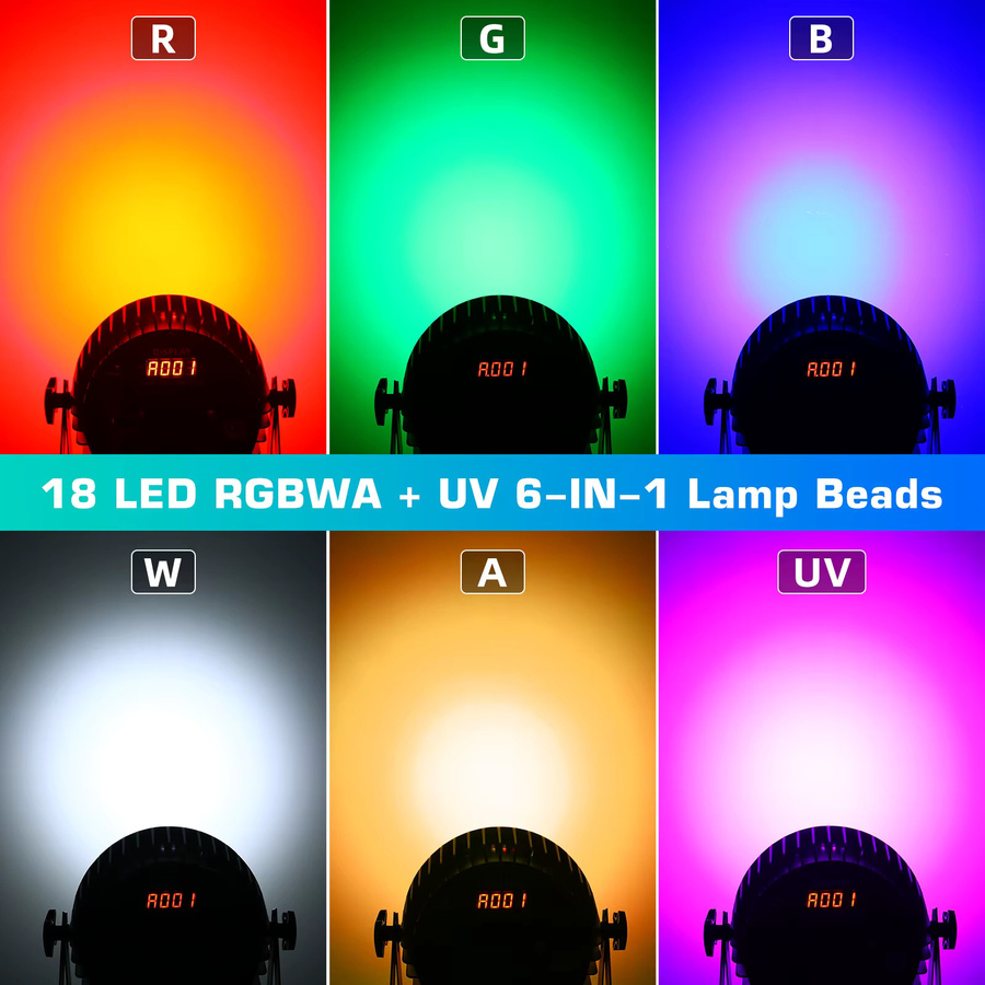 U'King 4er Set RGBWA+UV 6in1 LED Par Licht mit DMX512 und Strobe-Effekt, Schwarz, Multicolour Bühnenbeleuchtung für Disco und Party - Bild 2