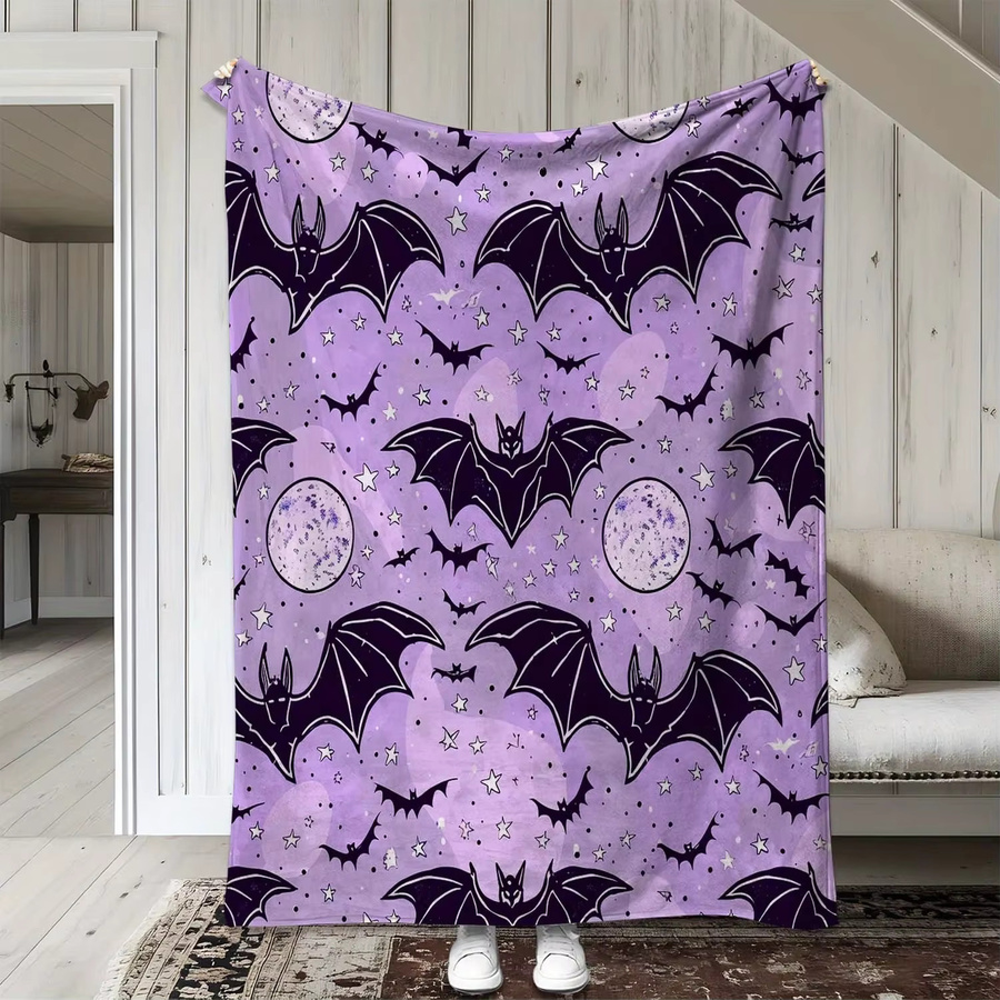 Sdoo Halloween Flanelldecke Lila mit Vampirschläger und Gothic-Sternen-Print als weicher Überwurf - Bild 3