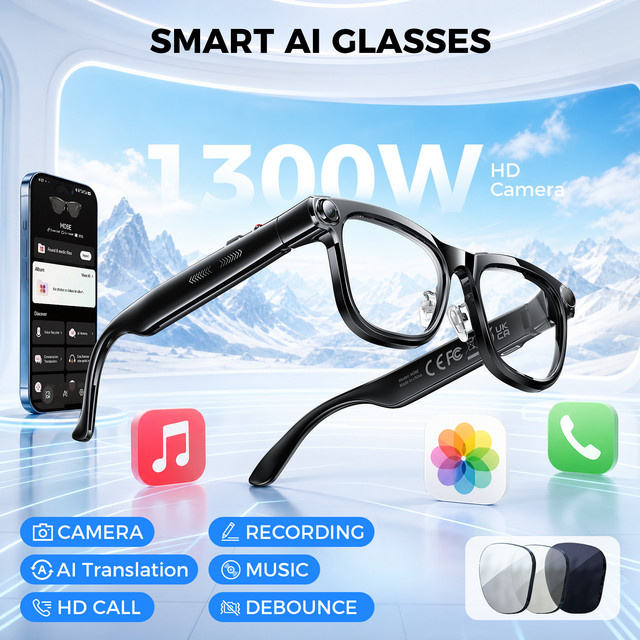 KAIGERR AI Smart-Brille mit 4K Kamera, Bluetooth, Sprachübersetzung und Fotoerkennung, Schwarz, Unisex - Bild 1