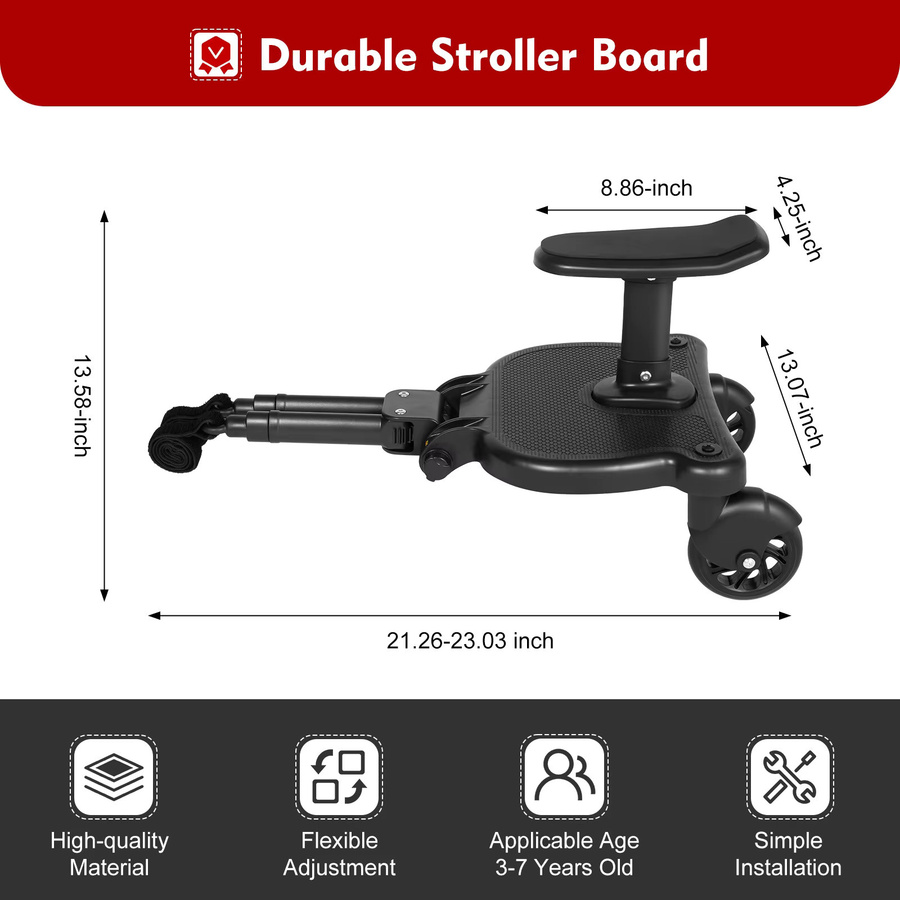 Universal Kinderwagen-Trittbrett aus umweltfreundlichem PP mit Sitz und Selbstklebeband Adapter, Schwarz, B/T/H: 55 x 33 x 36 cm - Bild 1
