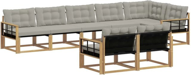 vidaXL Outdoor-Sofagarnitur in L-Form aus Akazienholz mit 8 Kissen in Weiß und Grau - Bild 1