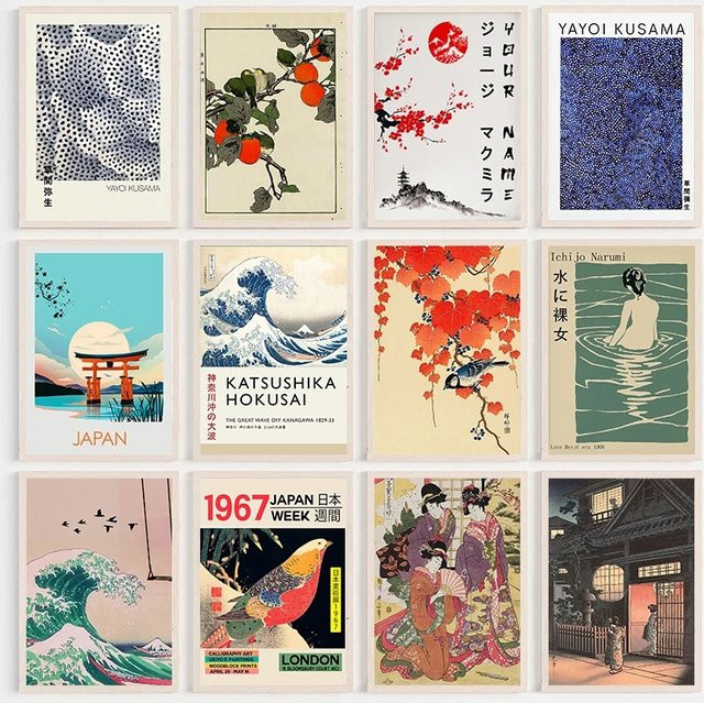 Vintage Japan Kunst Leinwand Gemälde Potdemiel mit Yayoi Kusama und Katsushika Hokusai Motiven als Wandkunst Poster Druck für dein Wohnzimmer und Home Decor - Bild 1