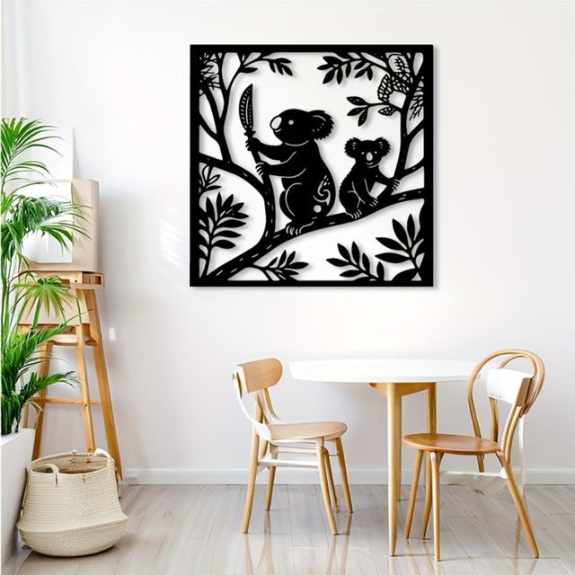 CIFBUY Metall-Wandkunst Koala und Eukalyptus in Schwarz, Retro Wildtier-Silhouette zur Wanddekoration für Innen und Außen, B/H: 25,4 x 25,4 cm - Bild 1